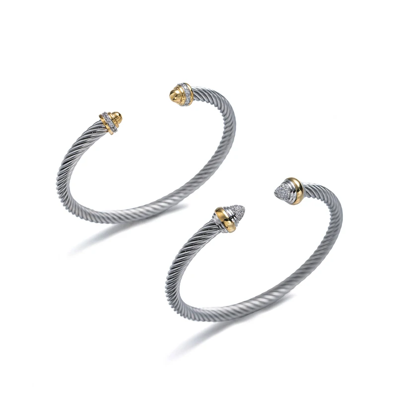 Unique X Design Wire Rope Bracelet Stainless Steel Bangle for Women Gold Plated Jewelry Gift Cubic Zirconia Cuff Bracelet