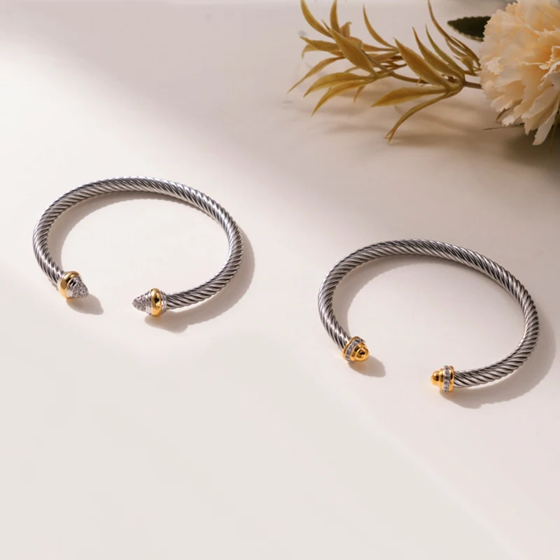 Unique X Design Wire Rope Bracelet Stainless Steel Bangle for Women Gold Plated Jewelry Gift Cubic Zirconia Cuff Bracelet