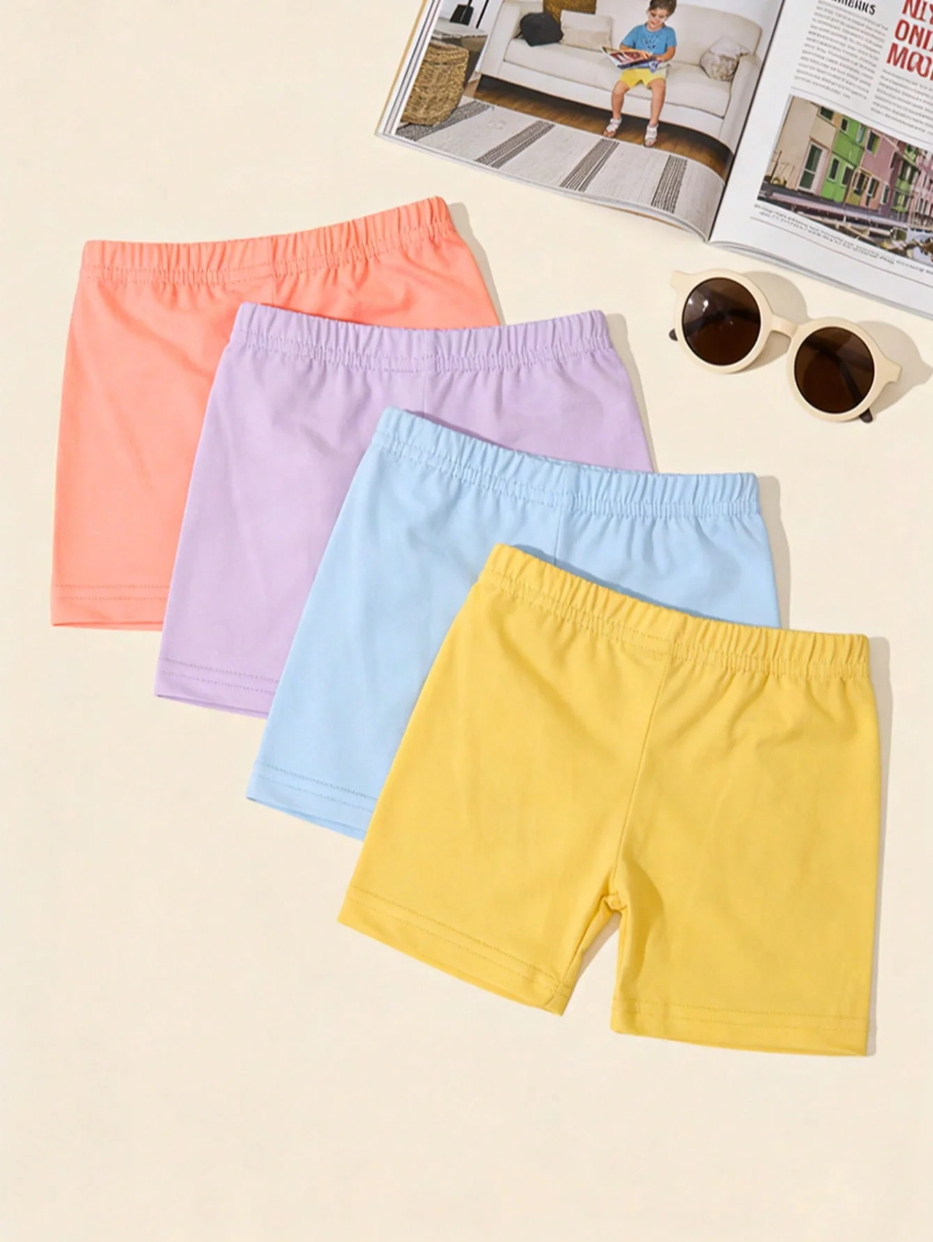 4Pcs Children's Summer Candy Colors Shorts Pants, Fashionable Comfortable Casual Shorts Suitable for Girls Aged 2-12Y Daily Wear