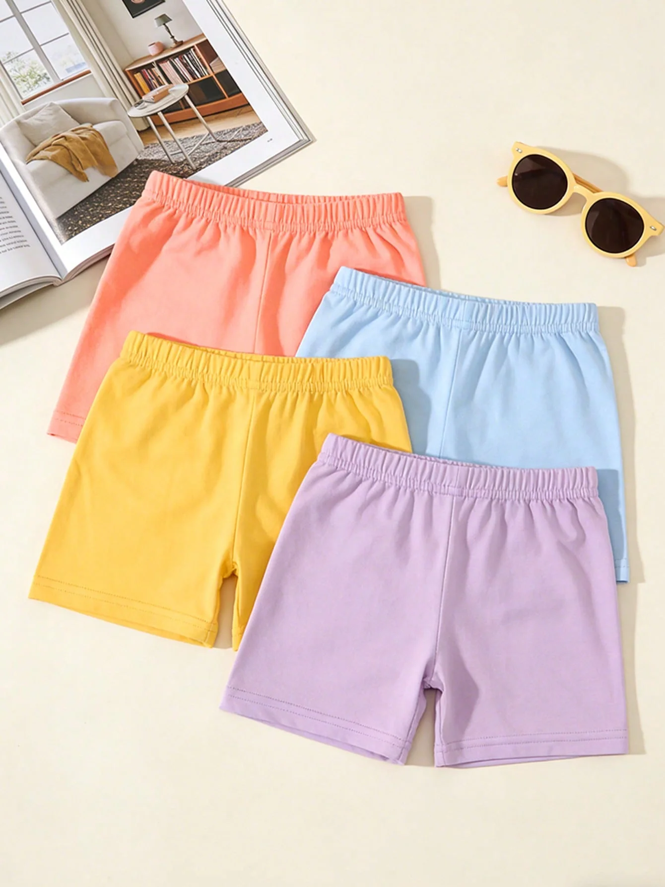 4Pcs Children's Summer Candy Colors Shorts Pants, Fashionable Comfortable Casual Shorts Suitable for Girls Aged 2-12Y Daily Wear