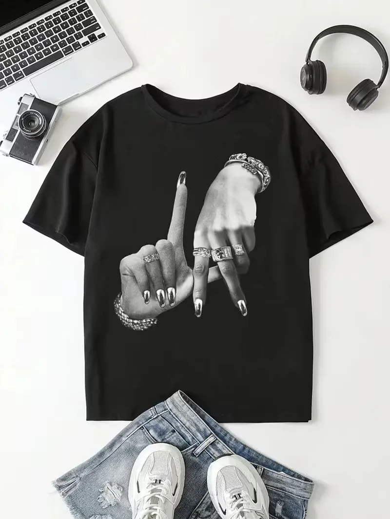 Y2K Los Angeles Print Unisex T-Shirt Short Sleeve Casual Top with Hand Gesture & Lettering,Relaxed Fit Round Neck Themed Outfits