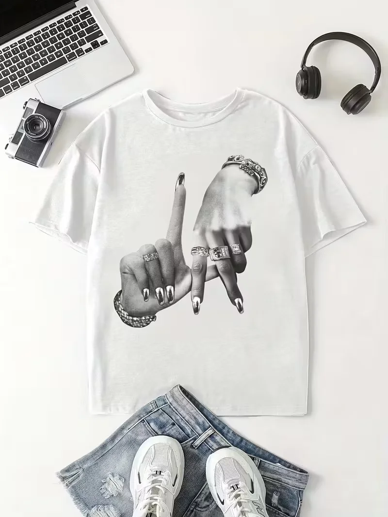 Y2K Los Angeles Print Unisex T-Shirt Short Sleeve Casual Top with Hand Gesture & Lettering,Relaxed Fit Round Neck Themed Outfits