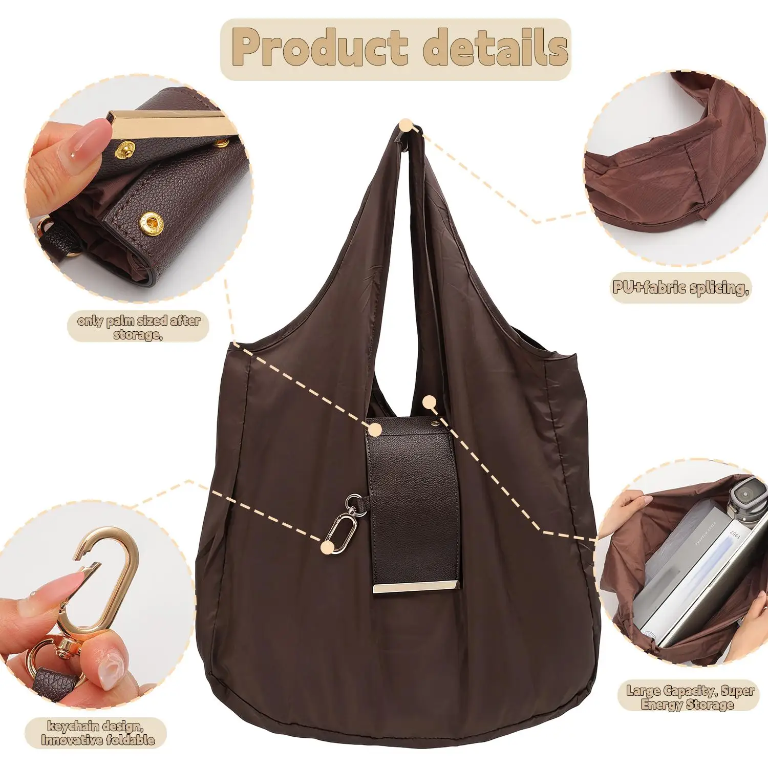 Foldable Tote Bag Women Large Capacity Shoulder Bag Portable Keychain Design Shopping Bag PU Fabric Lightweight Travel Grocery