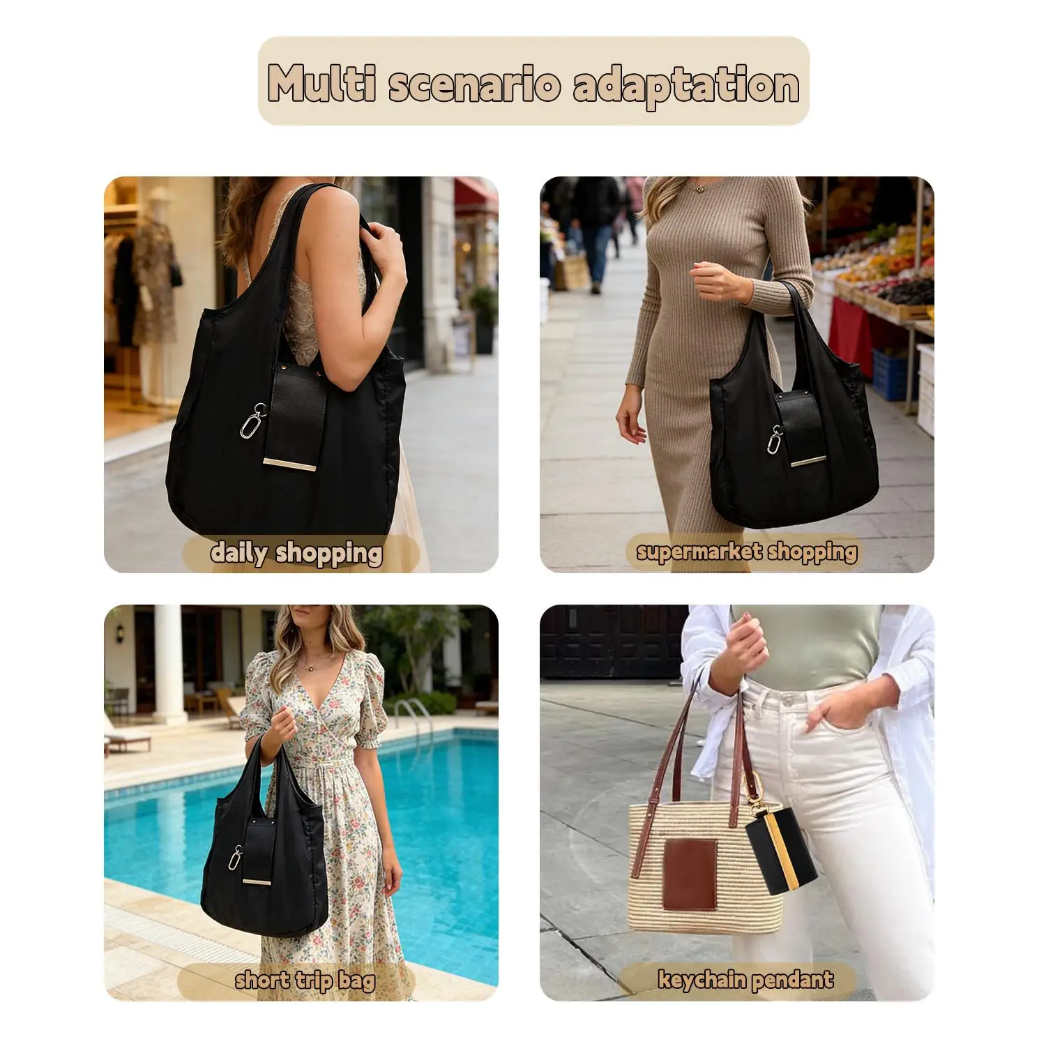 Foldable Tote Bag Women Large Capacity Shoulder Bag Portable Keychain Design Shopping Bag PU Fabric Lightweight Travel Grocery