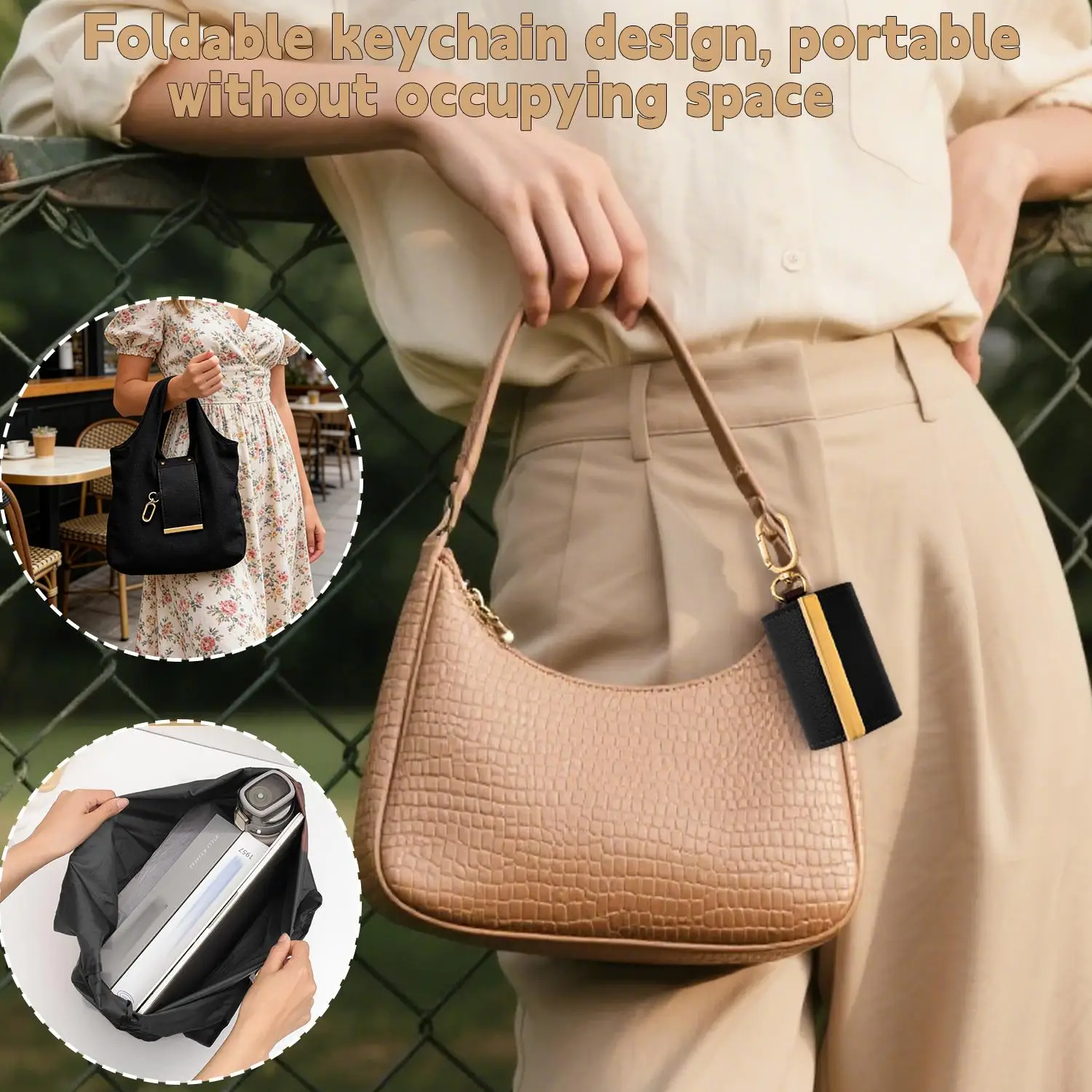 Foldable Tote Bag Women Large Capacity Shoulder Bag Portable Keychain Design Shopping Bag PU Fabric Lightweight Travel Grocery