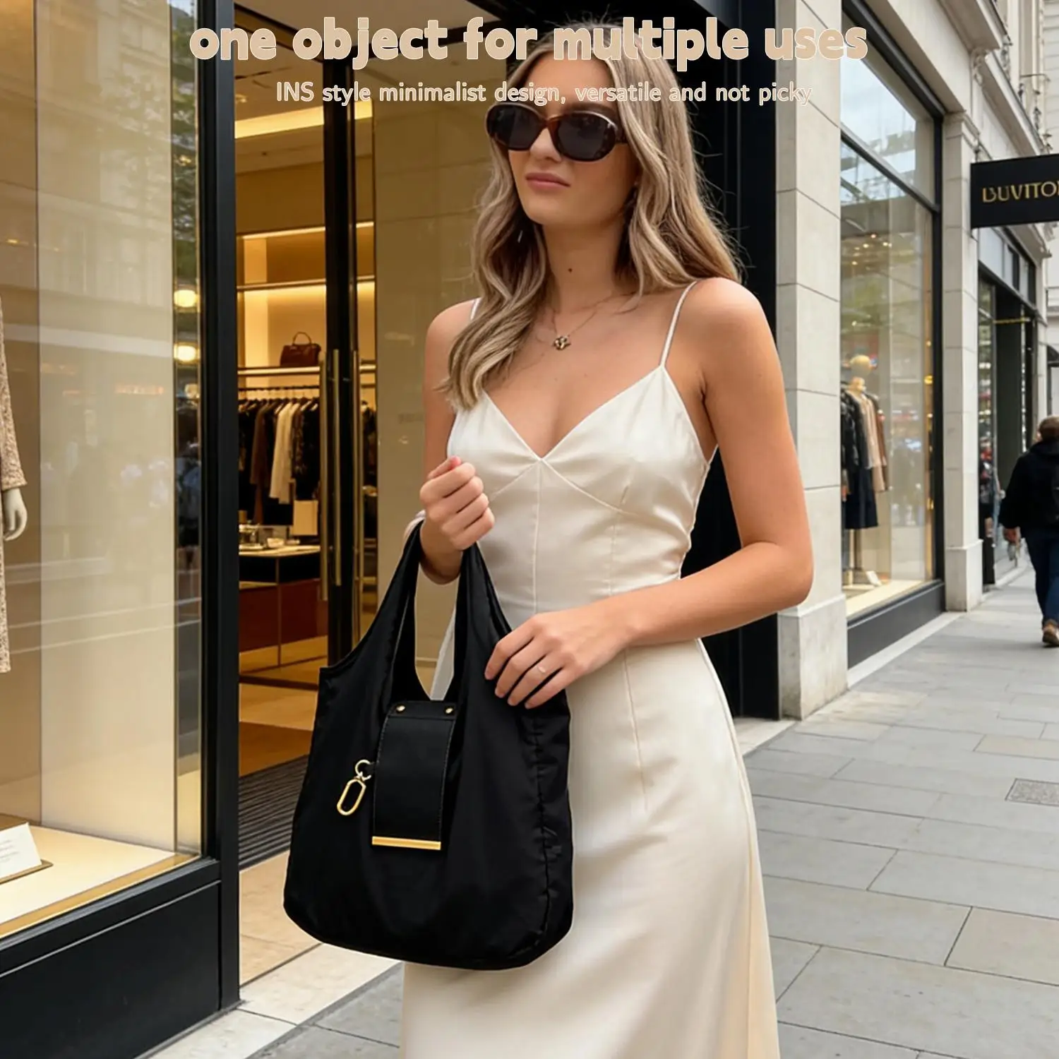 Foldable Tote Bag Women Large Capacity Shoulder Bag Portable Keychain Design Shopping Bag PU Fabric Lightweight Travel Grocery
