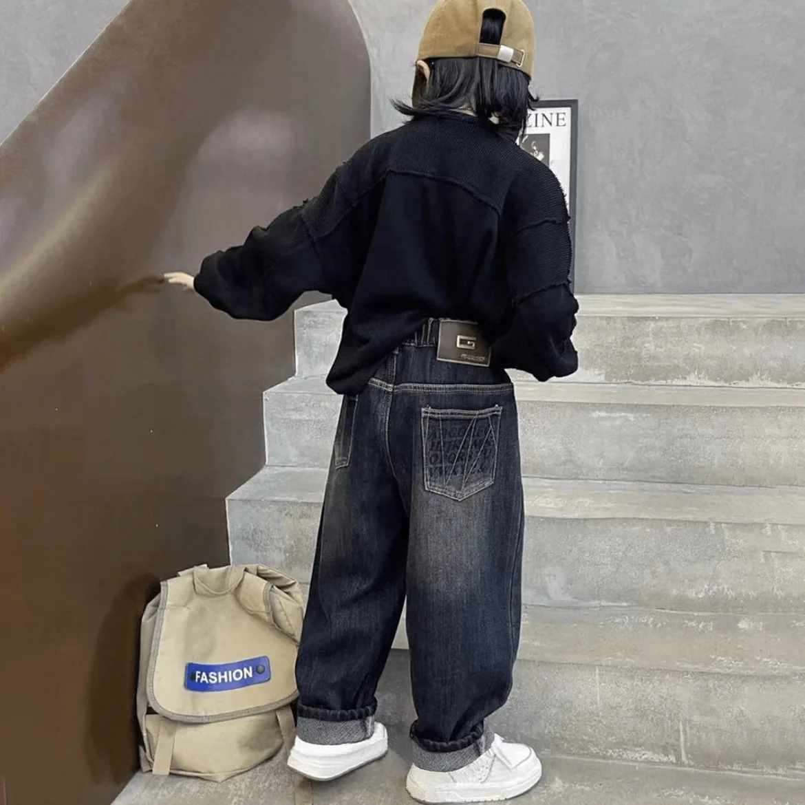 5-14Y Boys Jeans Pants Spring Kids Wide Leg Straight Trousers Autumn Loose-Fit Casual Trousers Children's Trendy Sweatpants
