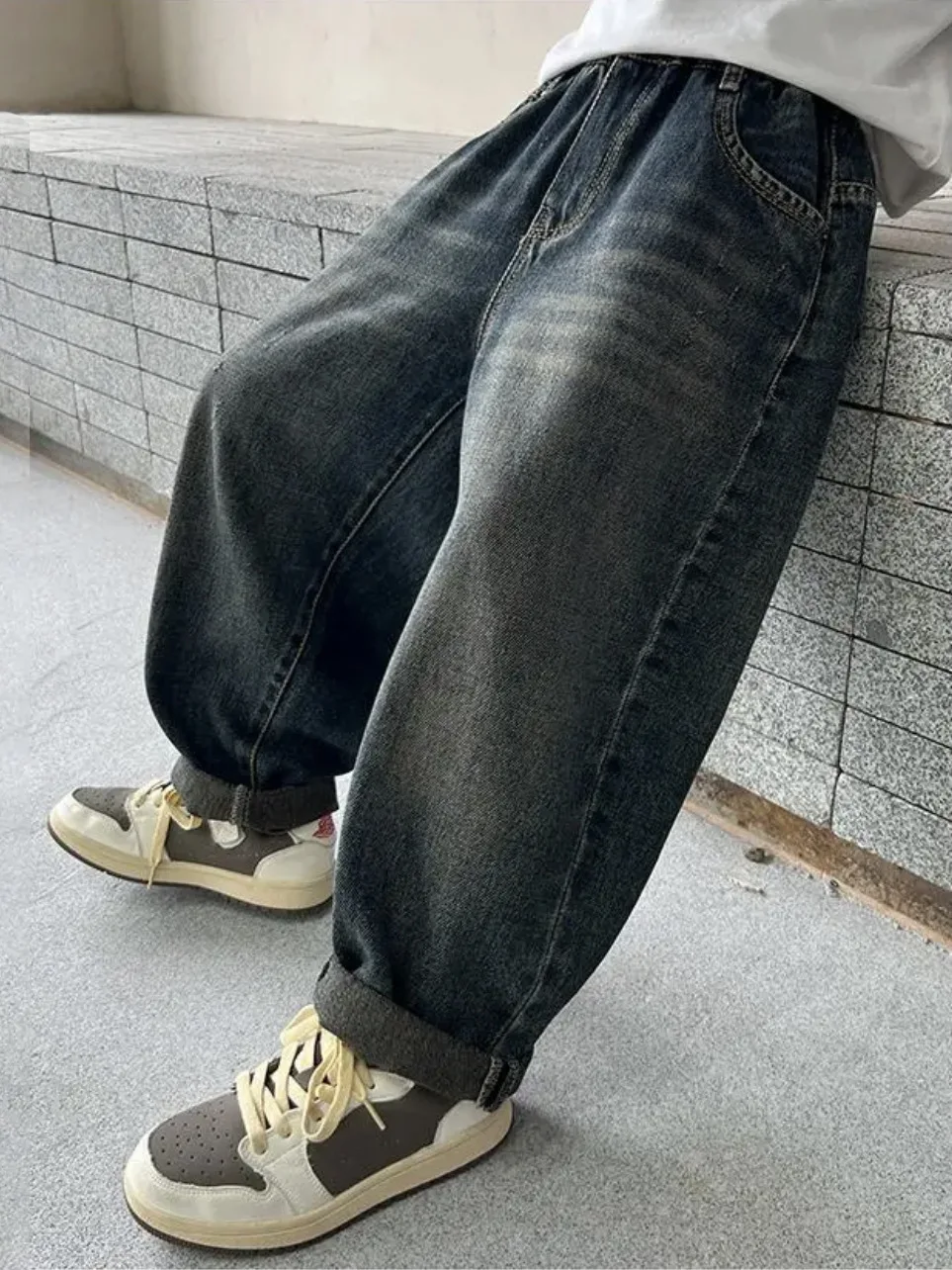 5-14Y Boys Jeans Pants Spring Kids Wide Leg Straight Trousers Autumn Loose-Fit Casual Trousers Children's Trendy Sweatpants