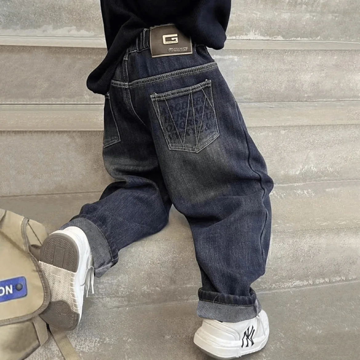 5-14Y Boys Jeans Pants Spring Kids Wide Leg Straight Trousers Autumn Loose-Fit Casual Trousers Children's Trendy Sweatpants