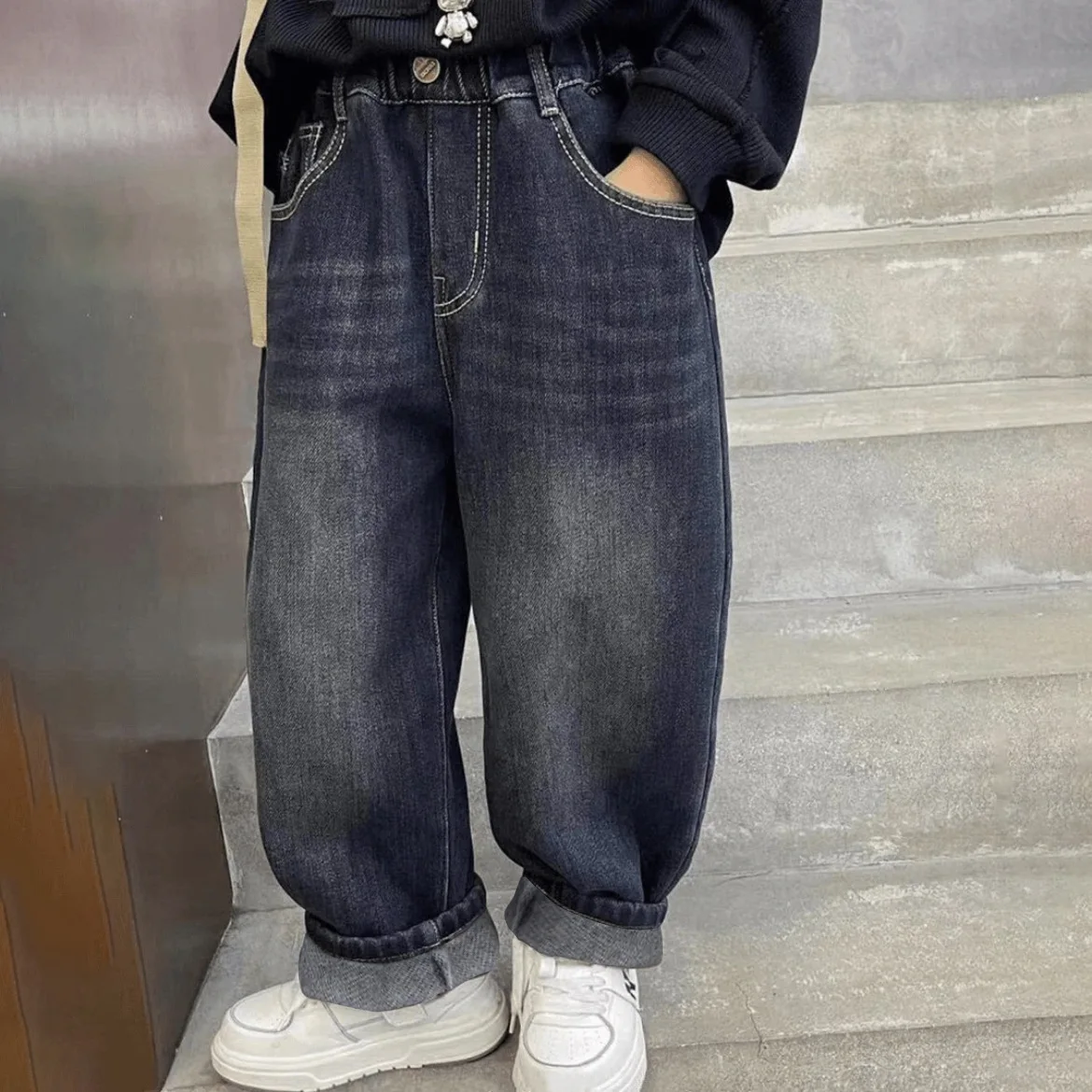 5-14Y Boys Jeans Pants Spring Kids Wide Leg Straight Trousers Autumn Loose-Fit Casual Trousers Children's Trendy Sweatpants