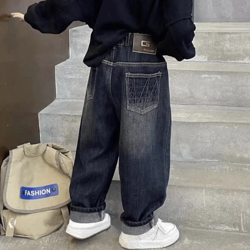 5-14Y Boys Jeans Pants Spring Kids Wide Leg Straight Trousers Autumn Loose-Fit Casual Trousers Children's Trendy Sweatpants
