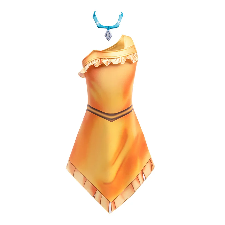 Kids Pocahontas Princess Costume Girls Native American Fancy Dress with Necklace Halloween Carnival Party Cosplay Outfit