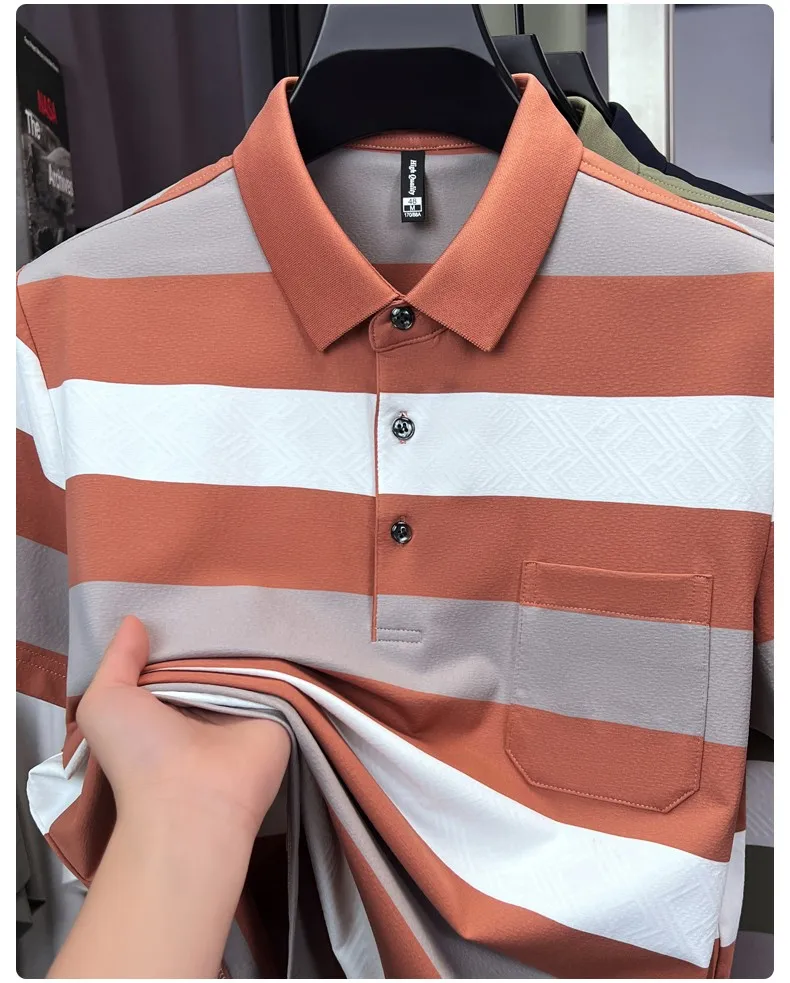 High quality pocket men's short sleeve polo shirt fashion striped color blocked luxury summer new item casual breathable T-shirt