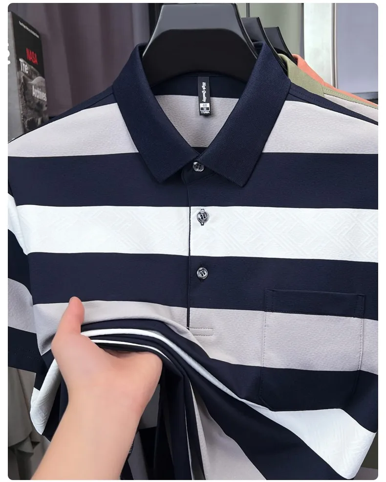 High quality pocket men's short sleeve polo shirt fashion striped color blocked luxury summer new item casual breathable T-shirt