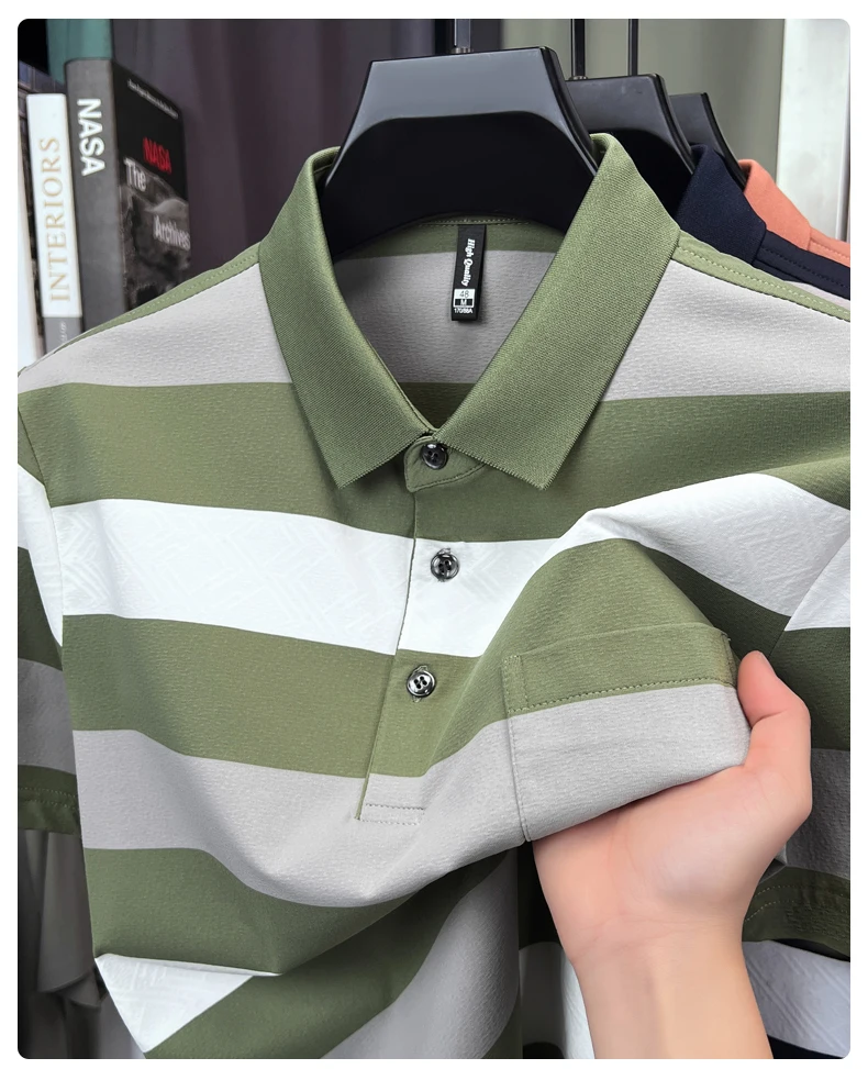 High quality pocket men's short sleeve polo shirt fashion striped color blocked luxury summer new item casual breathable T-shirt