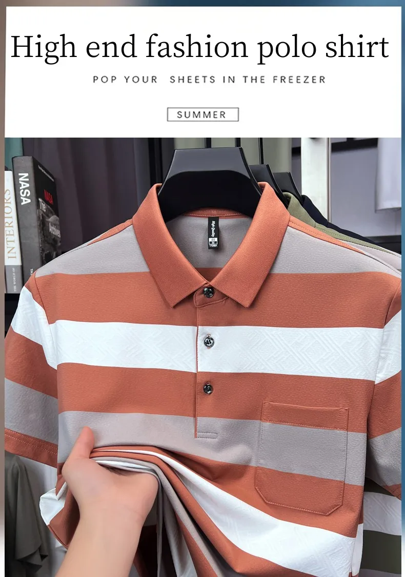 High quality pocket men's short sleeve polo shirt fashion striped color blocked luxury summer new item casual breathable T-shirt