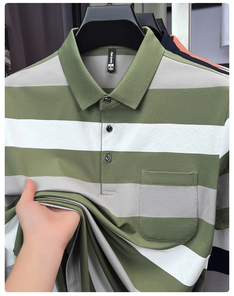 High quality pocket men's short sleeve polo shirt fashion striped color blocked luxury summer new item casual breathable T-shirt