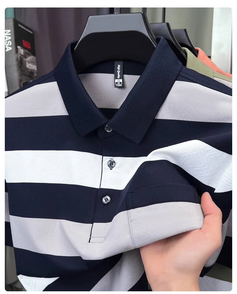 High quality pocket men's short sleeve polo shirt fashion striped color blocked luxury summer new item casual breathable T-shirt