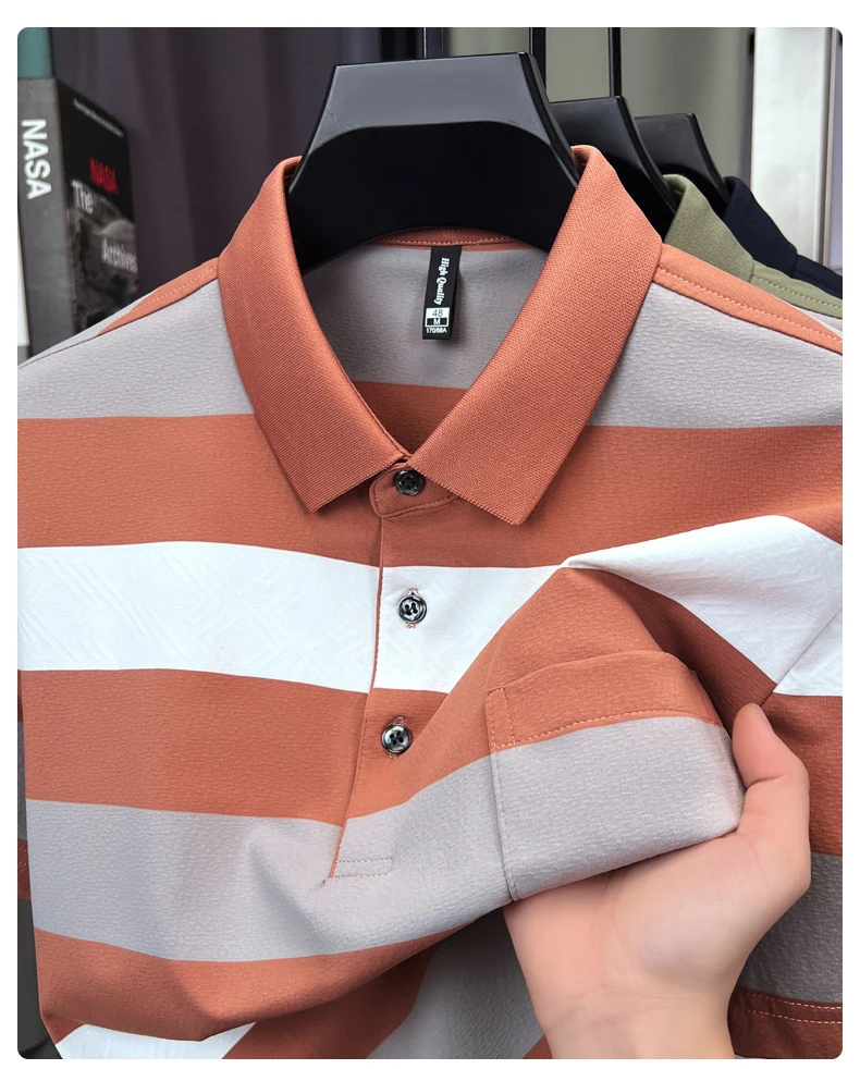 High quality pocket men's short sleeve polo shirt fashion striped color blocked luxury summer new item casual breathable T-shirt
