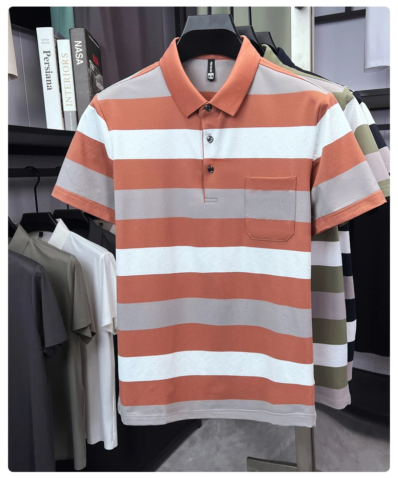 High quality pocket men's short sleeve polo shirt fashion striped color blocked luxury summer new item casual breathable T-shirt