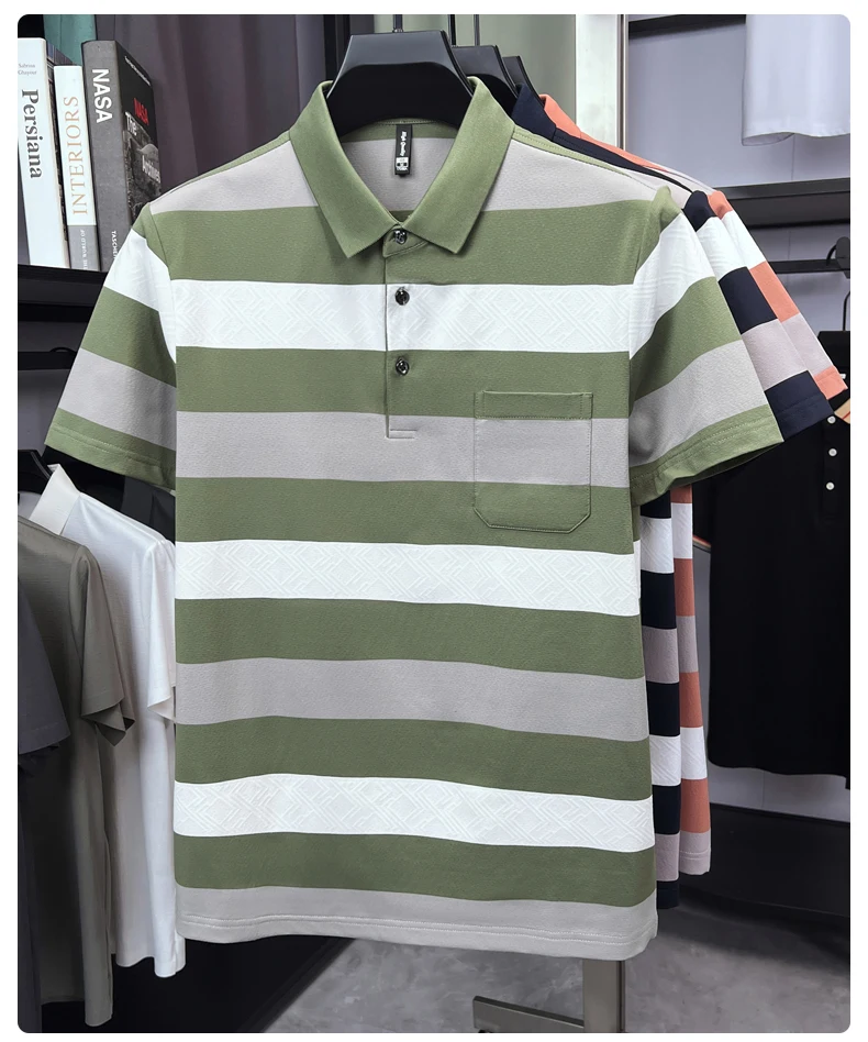 High quality pocket men's short sleeve polo shirt fashion striped color blocked luxury summer new item casual breathable T-shirt