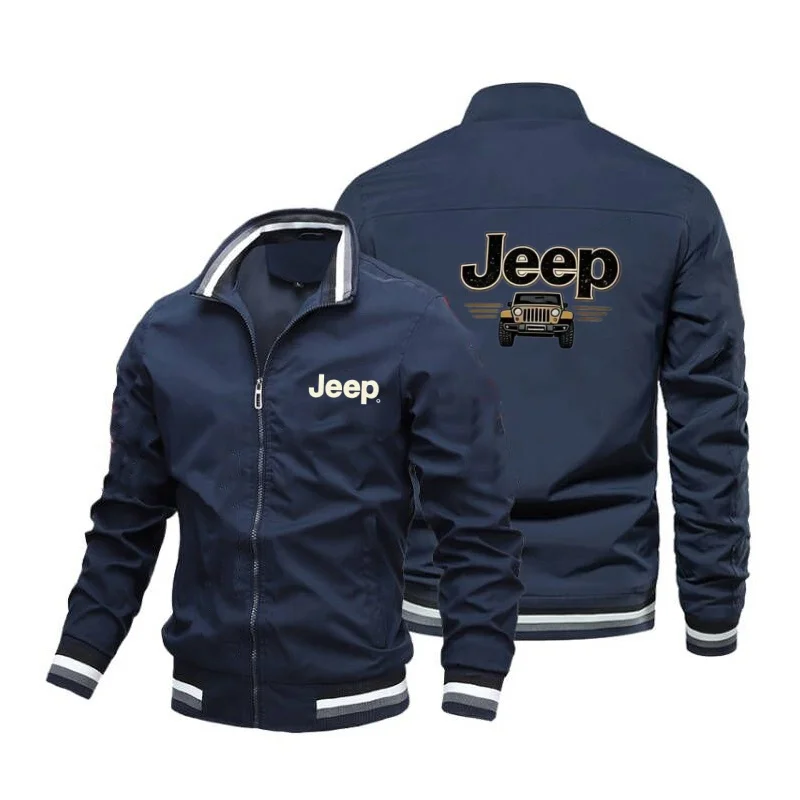 Men's Fashion Jeep Style Bomber Jacket Casual Striped Trim Zipper Up Windbreaker Streetwear Hip Hop Loose Fit Coat for Male