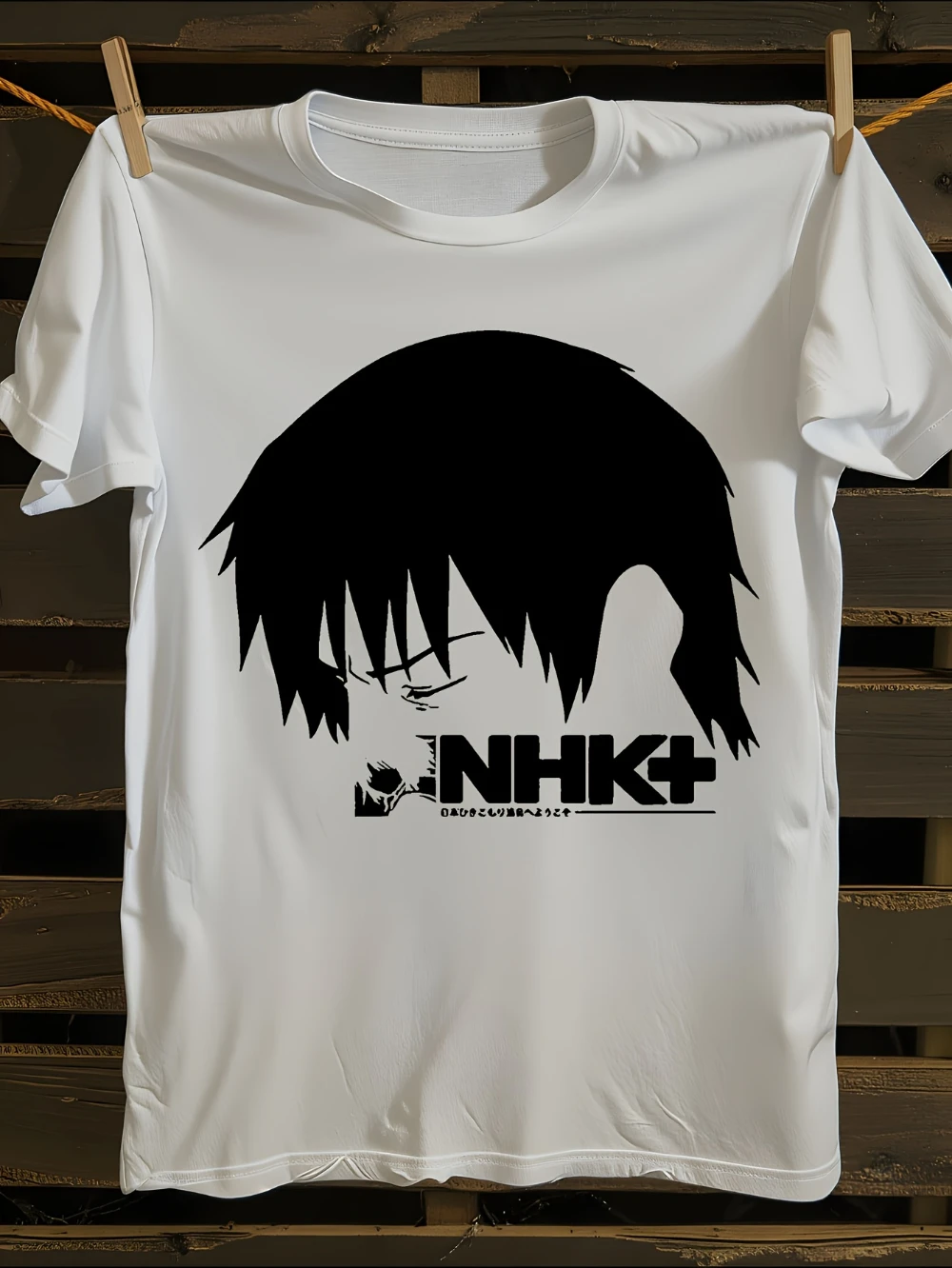 Unisex NHK Anime Graphic T-Shirt White with Black Manga Face& NHK Logo Print- All-Season Casual Streetwear Japanese TV