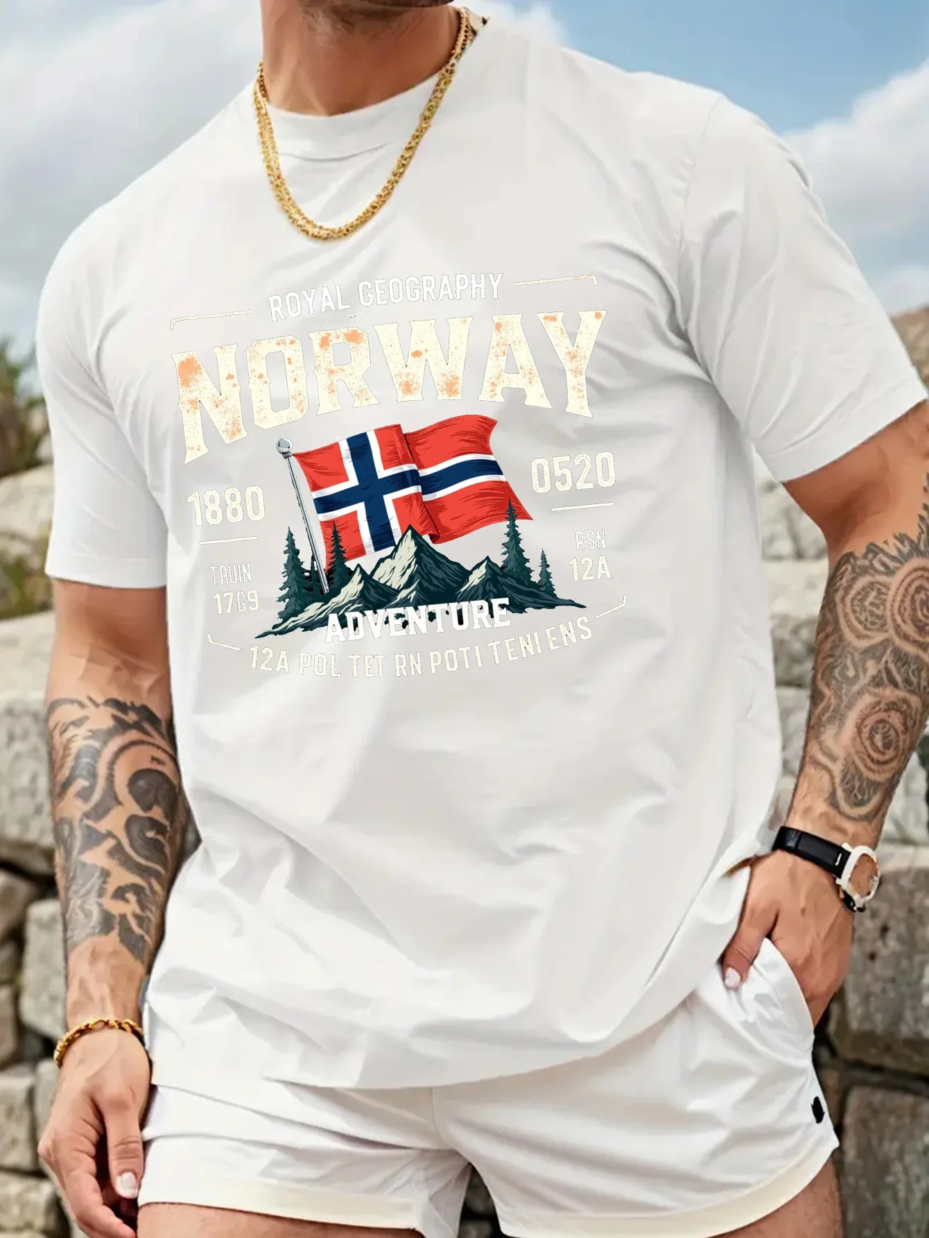 Men's Summer 100% Cotton Fashion Norwegian Style Pattern Printed Casual Loose Round Neck Short Sleeve T-shirt Versatile Top