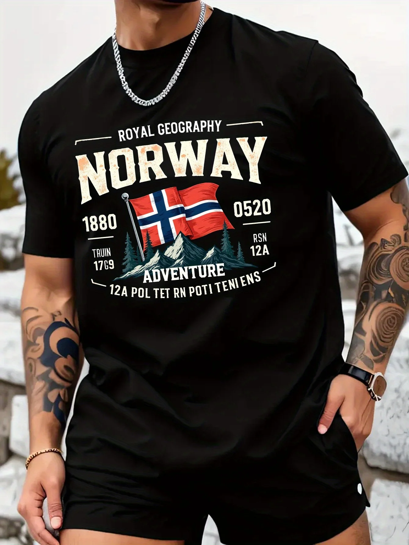 Men's Summer 100% Cotton Fashion Norwegian Style Pattern Printed Casual Loose Round Neck Short Sleeve T-shirt Versatile Top