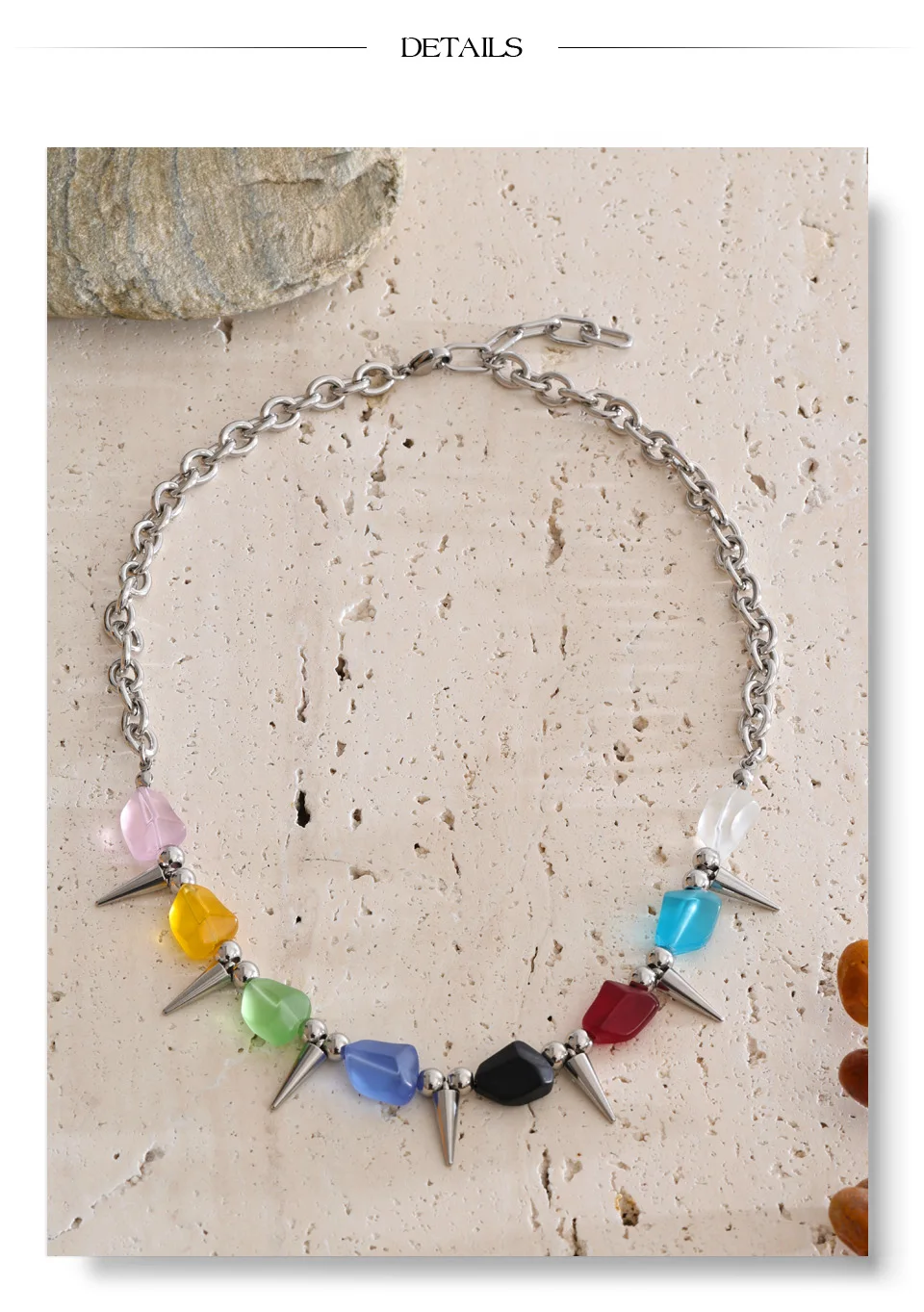 Yhpup 2026 Arrivals Stainless Steel Colorful Acrylic Rivet Drop Necklace Hip-Hop Nightclub Party Wear Unisex Jewelry