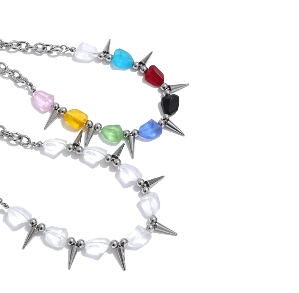 Yhpup 2026 Arrivals Stainless Steel Colorful Acrylic Rivet Drop Necklace Hip-Hop Nightclub Party Wear Unisex Jewelry