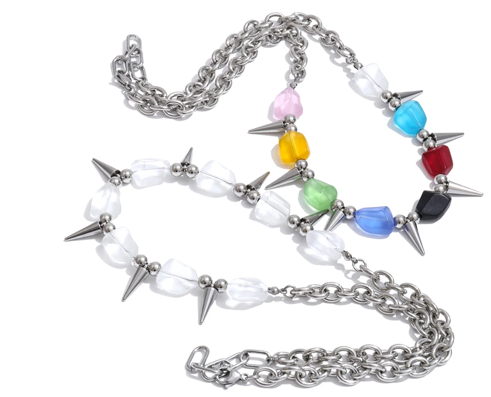 Yhpup 2026 Arrivals Stainless Steel Colorful Acrylic Rivet Drop Necklace Hip-Hop Nightclub Party Wear Unisex Jewelry