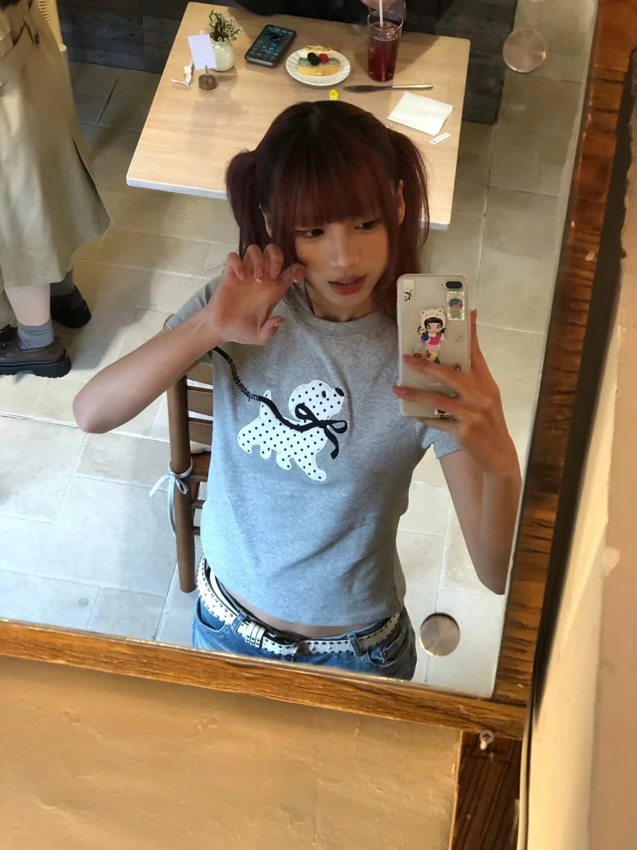 Karrram Japanese Y2k Polka Dot Puppy Print T-shirt 2000s Style Short Sleeve Grey T Shirt Vintage Harajuku Cutecore Tops American