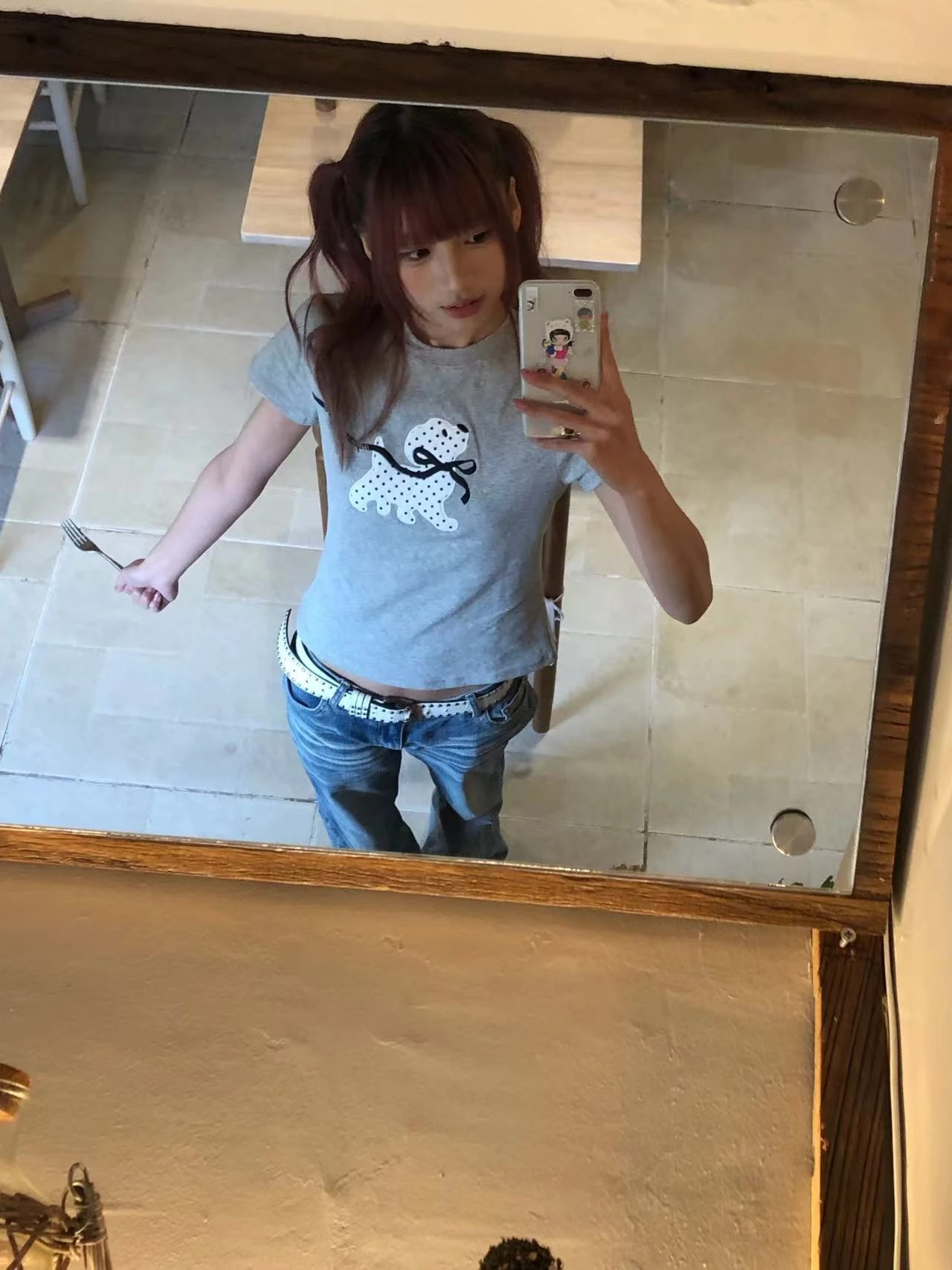 Karrram Japanese Y2k Polka Dot Puppy Print T-shirt 2000s Style Short Sleeve Grey T Shirt Vintage Harajuku Cutecore Tops American