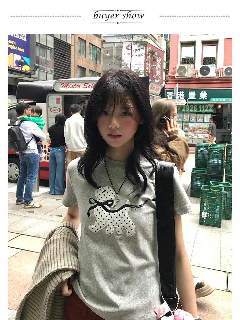 Karrram Japanese Y2k Polka Dot Puppy Print T-shirt 2000s Style Short Sleeve Grey T Shirt Vintage Harajuku Cutecore Tops American
