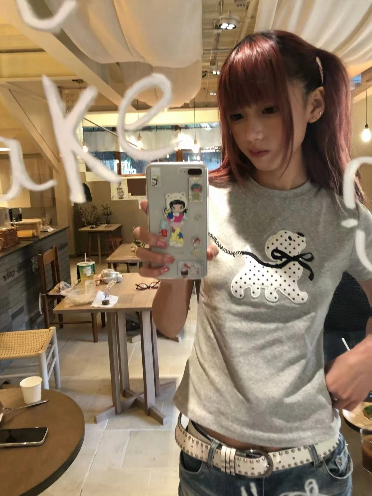 Karrram Japanese Y2k Polka Dot Puppy Print T-shirt 2000s Style Short Sleeve Grey T Shirt Vintage Harajuku Cutecore Tops American