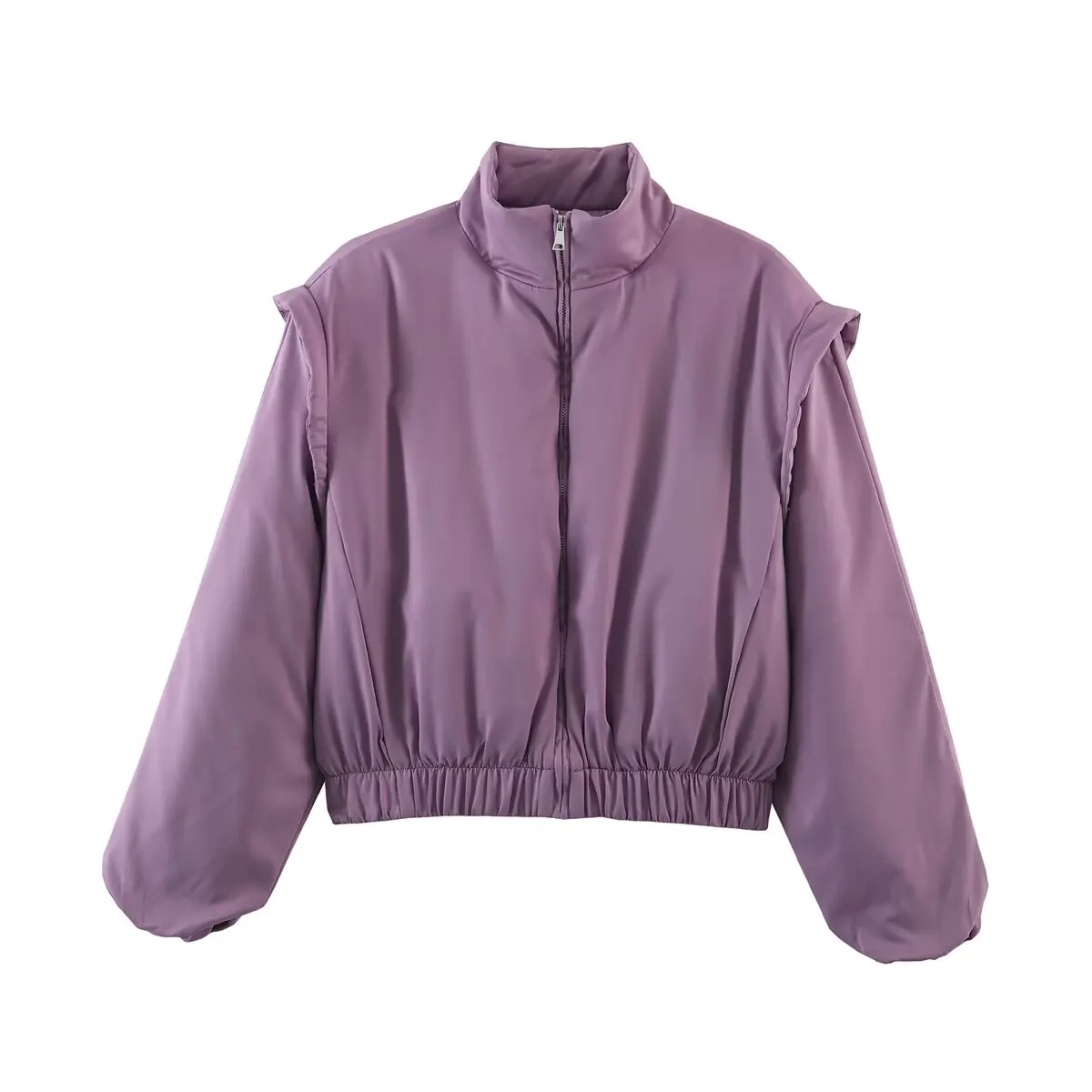 KLKXMYT Fashion Satin Cropped Bomber Jackets For Women 2026 Spring Casual Stand Collar Puff Sleeve Zipper Lady Streetwear Coat