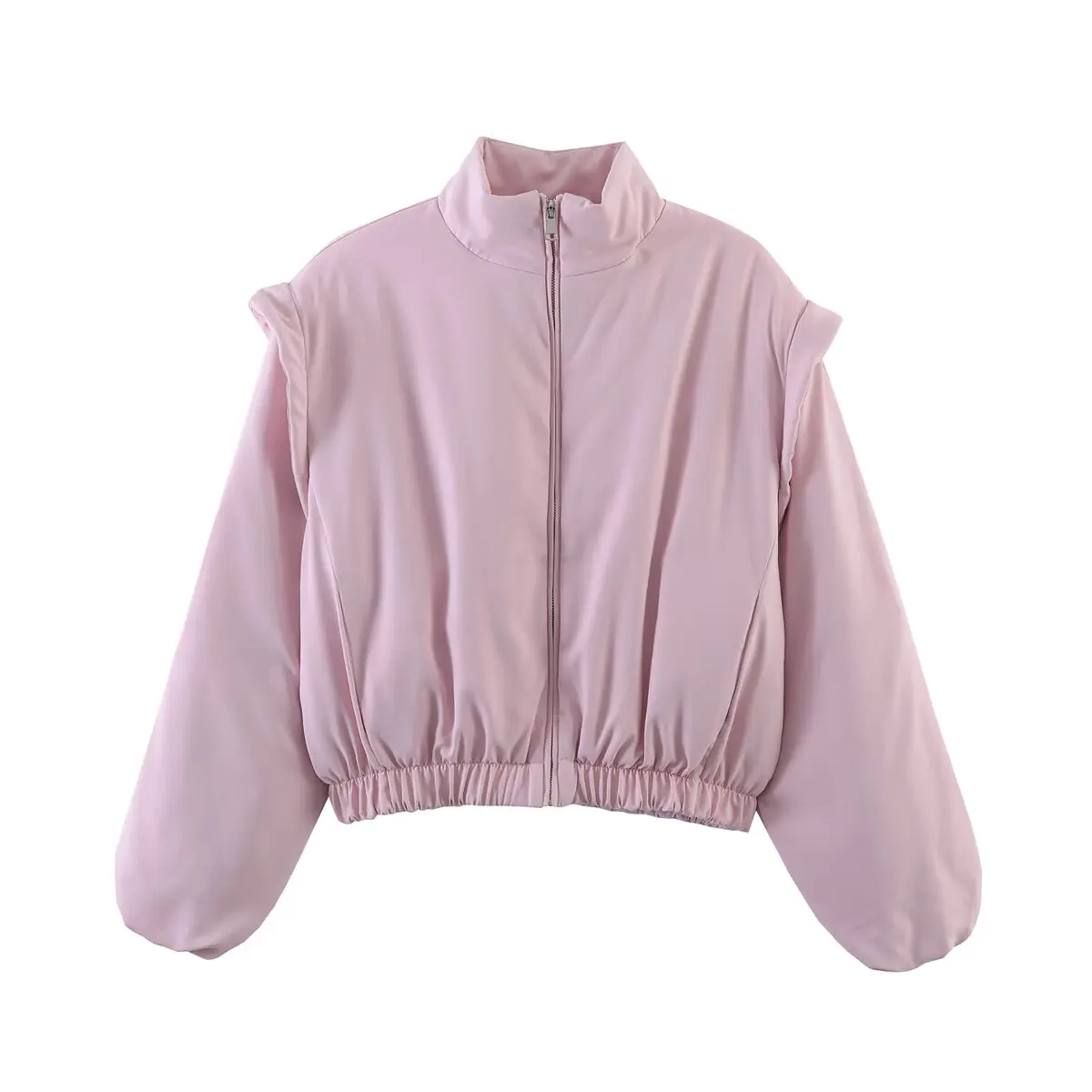 KLKXMYT Fashion Satin Cropped Bomber Jackets For Women 2026 Spring Casual Stand Collar Puff Sleeve Zipper Lady Streetwear Coat