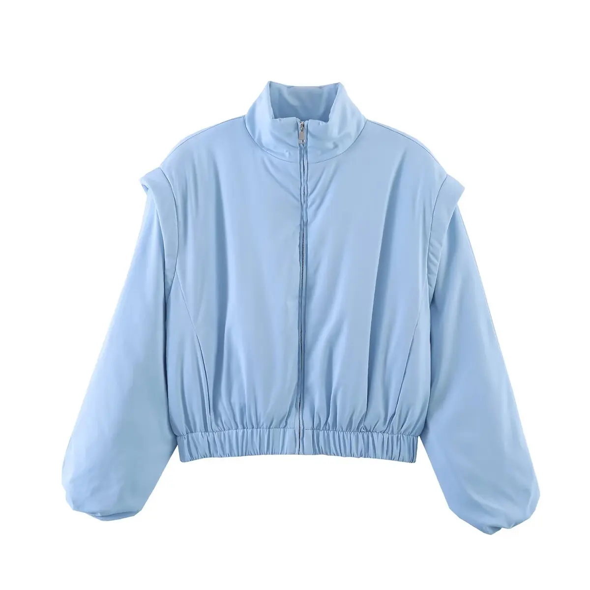 KLKXMYT Fashion Satin Cropped Bomber Jackets For Women 2026 Spring Casual Stand Collar Puff Sleeve Zipper Lady Streetwear Coat
