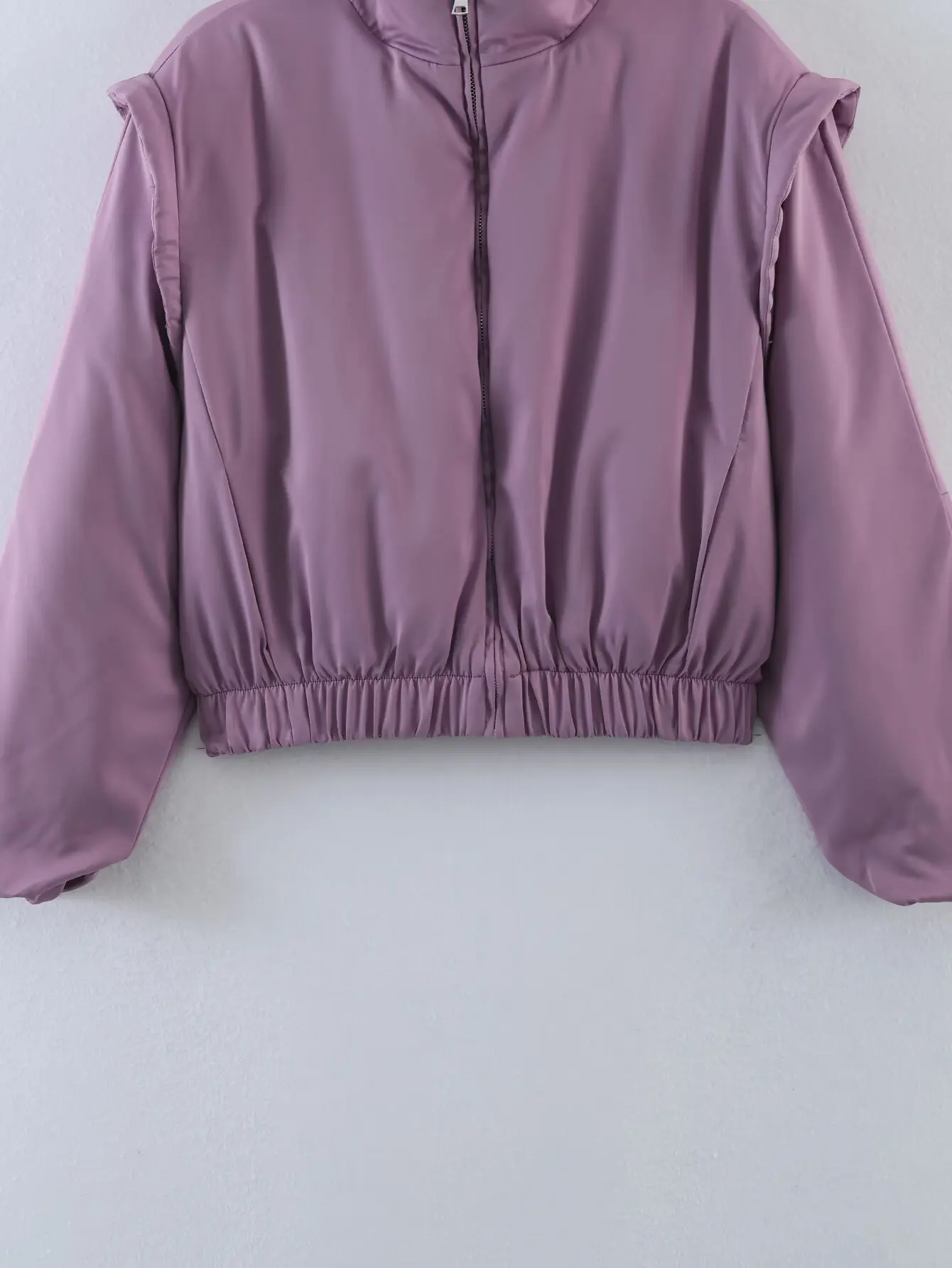 KLKXMYT Fashion Satin Cropped Bomber Jackets For Women 2026 Spring Casual Stand Collar Puff Sleeve Zipper Lady Streetwear Coat