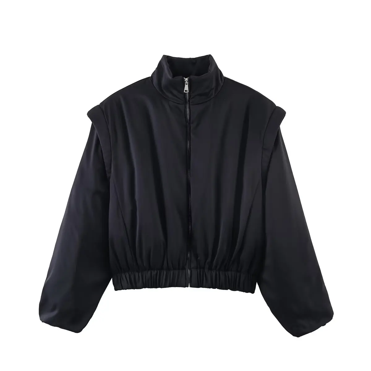 KLKXMYT Fashion Satin Cropped Bomber Jackets For Women 2026 Spring Casual Stand Collar Puff Sleeve Zipper Lady Streetwear Coat