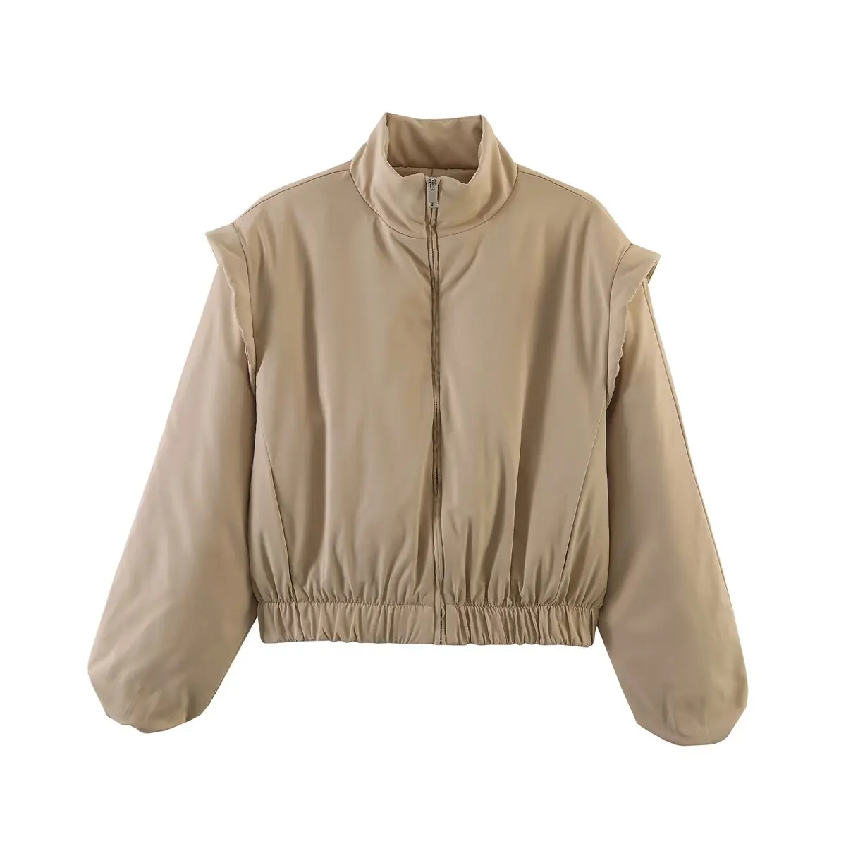 KLKXMYT Fashion Satin Cropped Bomber Jackets For Women 2026 Spring Casual Stand Collar Puff Sleeve Zipper Lady Streetwear Coat