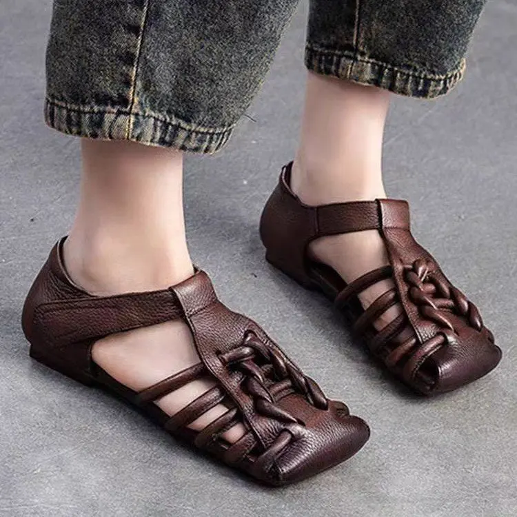 Designer Leather Sandals Women Handmade Woven Literary Style Hollow Flat Roman Sandals Comfortable Ladies Summer Shoes Sandalias