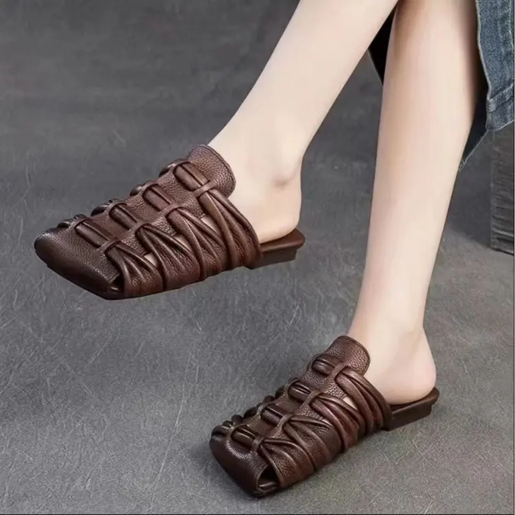 Designer Leather Sandals Women Handmade Woven Literary Style Hollow Flat Roman Sandals Comfortable Ladies Summer Shoes Sandalias