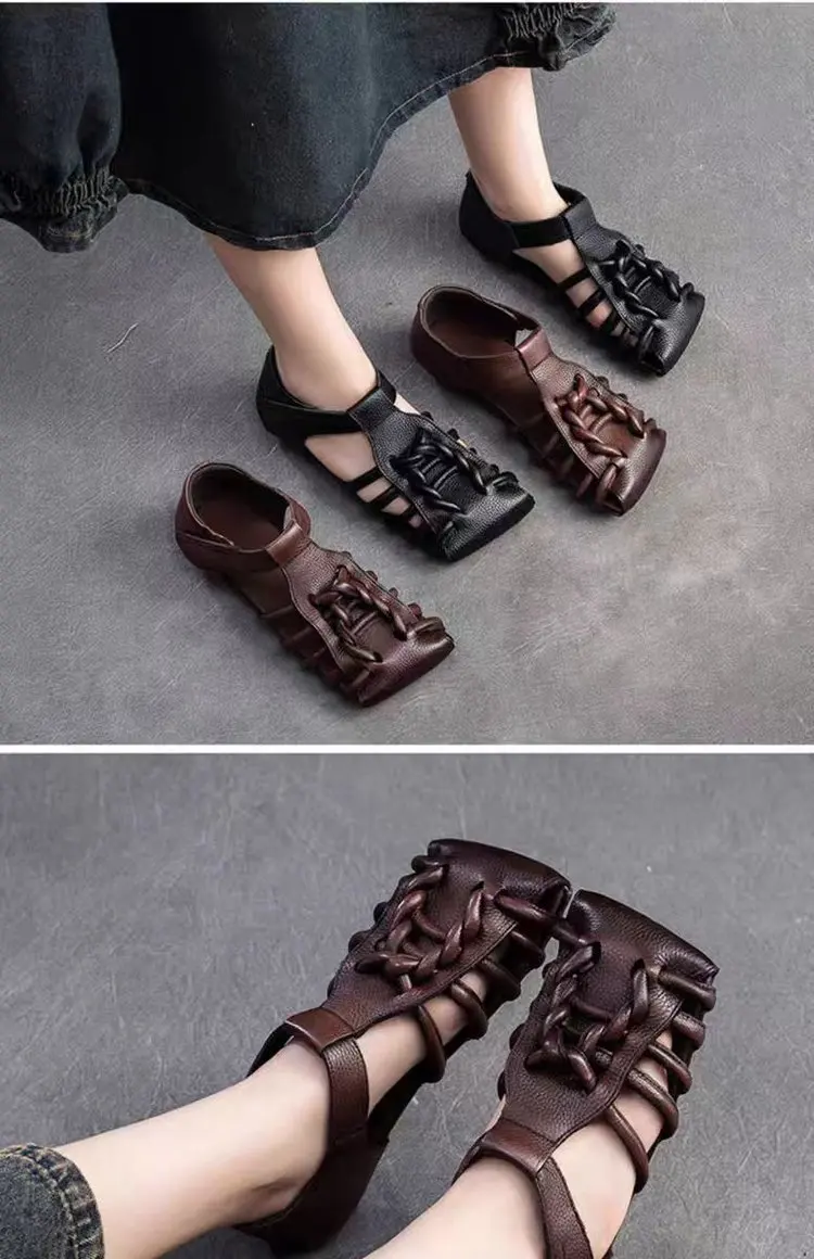 Designer Leather Sandals Women Handmade Woven Literary Style Hollow Flat Roman Sandals Comfortable Ladies Summer Shoes Sandalias