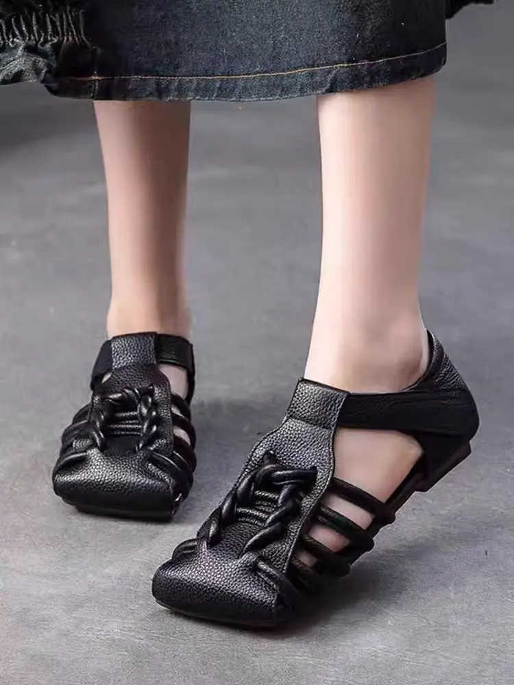 Designer Leather Sandals Women Handmade Woven Literary Style Hollow Flat Roman Sandals Comfortable Ladies Summer Shoes Sandalias