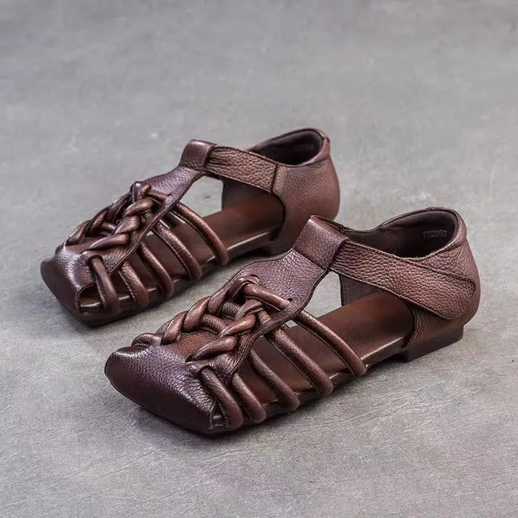 Designer Leather Sandals Women Handmade Woven Literary Style Hollow Flat Roman Sandals Comfortable Ladies Summer Shoes Sandalias
