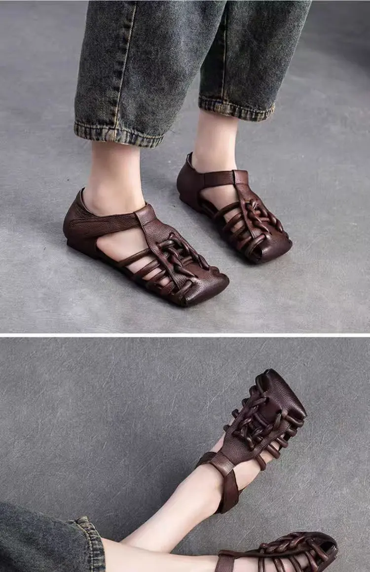 Designer Leather Sandals Women Handmade Woven Literary Style Hollow Flat Roman Sandals Comfortable Ladies Summer Shoes Sandalias