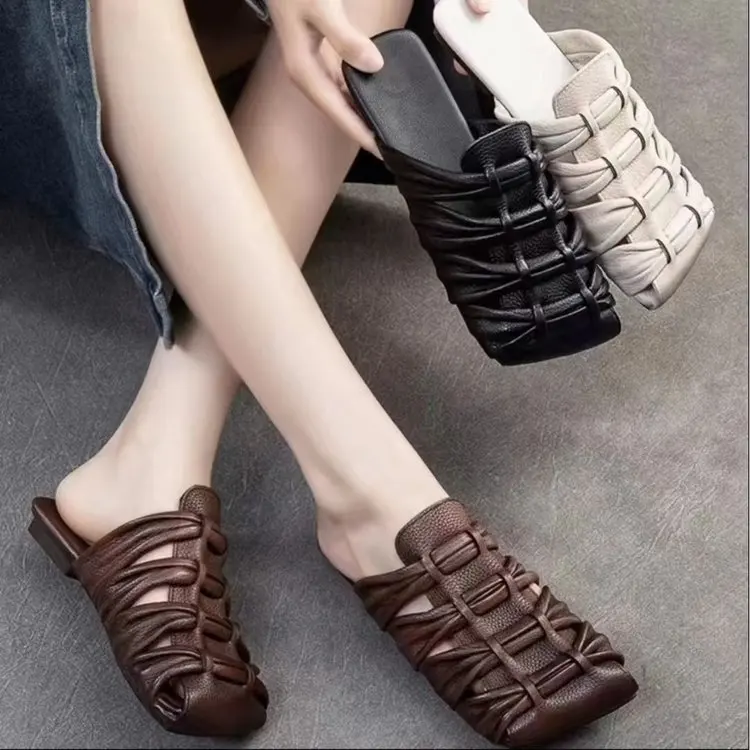 Designer Leather Sandals Women Handmade Woven Literary Style Hollow Flat Roman Sandals Comfortable Ladies Summer Shoes Sandalias