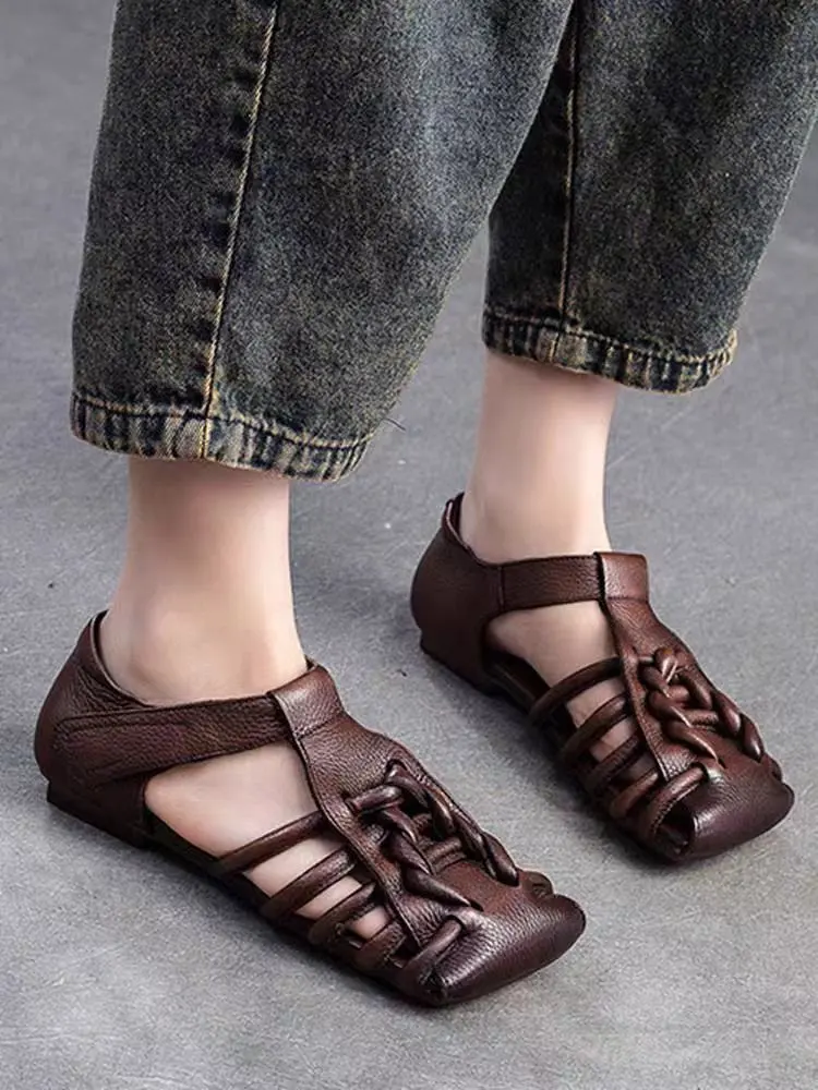 Designer Leather Sandals Women Handmade Woven Literary Style Hollow Flat Roman Sandals Comfortable Ladies Summer Shoes Sandalias